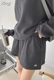 Waffle Long Sleeve Hoodies O Neck Sweatshirts Women Shorts Two Piece Set Knee Length Summer Elastic Waist