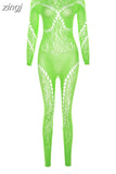 Sexy Mesh Jumpsuit Women Full Sleeve Skinny Fitness Body-Shaping One Piece Playsuits Lady Midnight Clubwear