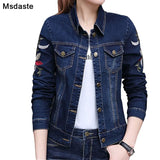 Jackets Women 2019 Autumn Flower Embroidery Vintage Female Long Sleeve Casual Coats and Top Woman Blue Short Denim