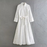 New Autumn Shirt Type Long Skirt Hollow-Out Embroidered MIDI