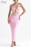 2 Pieces Set Sexy Elegant Pink One Shoulder Crop Top and Long Skirt Set Satin Evening Night Party Dresses Women Outfit