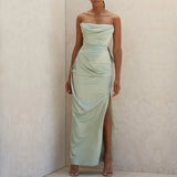 Satin Draped Tube Bodycon Maxi Dress-Outfit