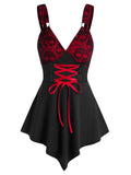 Lace Overlay Lace Up Tank Top Women O Ring Gothic