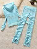 sweatshirt velvet zipper sweatshirt and pants winter velour pants Suit hoodies women Zipper Rhinestone print velvet