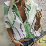 Elegant Long Sleeve Chain Print Blouse Casual Turn-down Collar Work Tops Oversized Office Lady Shirt Oversized
