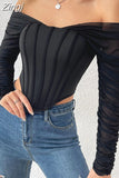 Black Mesh Long Sleeve Off Shoulder T-shirts Tops Women Sexy Backless Ruched Corsets Street Clubwear Short Tees