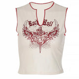 Grunge Punk Streetwear Letter Print Sleeveless Tank Tops Y2K Aesthetics O-neck Slit Graphic Crop Tops Summer Indie