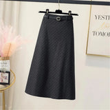Stripe Autumn Winter High Waist Woolen Skirt With Belt Women High Waist Lady Fashion Casual Streetwear A-Line Midi