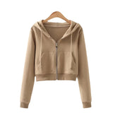 Zingj Trendy Women's Sweater Autumn New Fashionable Solid Color Hooded Zipper Short High Waist Navel