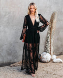 Queens Vintage Women V-neck Long Sleeve Ruffles Bohemian Beach Maxi Dress Ladies Chiffon Lace Hollow Out Boho