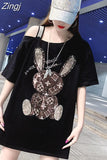 Print Tshirt Black White Graphic Summer T Shirt Women Korean Cotton Loose T-shirt Casual One Shoulder Sexy Thirts