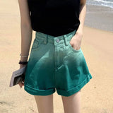 green Denim Shorts Large women's summer thin high waist thin wide leg pants loose a-word hot pants