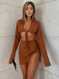 Brown Sexy Tie Front Top and Skirt Sets Women Fashion Outfits Fall Matching Set Split Skirt Club Party