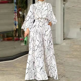 Pattern Printed Wide Leg Pants Office Overall Fashion High Waist Romper Chic New Women Long Sleeve High Collar