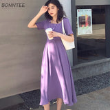 Women Soft Purple Popular Summer Minimalist Female Midi Maxi Retro High Waist Skinny Square Collar Chiffon Pleated