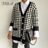 V Neck Houndstooth Vest Cardigan 2020 Black Sleeveless Sweater Women Loose 2020 Autumn Winter Knitted Casual Fashion