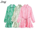 Women Vintage Paisley Cashew Nuts Print Casual Mini Shirt Dress Female Chic Lace Up Belt Hem Pleat A Line Vestidos