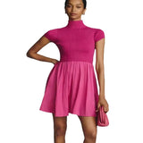 Zingj Parquet Small Turtleneck Dress Short Sleeve Pleated Knit Elegant Pure Color Slim Mini Dress Woman-Outfit