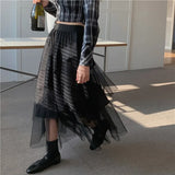 Mesh Skirt For Women 2022 Summer Patchwork High Waisted Tulle Asymmetrical Skirt Black White Brown High