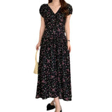 Zingj Chic Summer French Elegant V Collar Fold Feeling Waist Show Thin Long Broken Flower Platycodon Dress