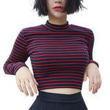 Tops Women 2023 Chic All-match Classic Stripe Slim Short Bustier Crop Top Turtleneck Long Sleeved T-shirt Sexy Shirts