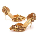 Cm Golden Water Diamond Wedding Shoes Fine Heel Pointed Sandals Hollow Two-Siped Sandals Banquet Crystal
