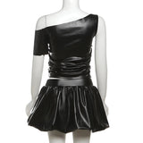 Black PU Leather Off-Shoulder And Pleated Mini Skirt Two Piece Set- Outfit