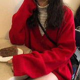 Women Solid Simple Basic Sweater Kawaii Preppy Style Casual Long Sleeve V-neck Loose Plus Size 2XL All-match Autumn