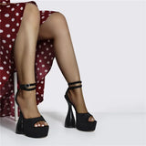 Onlymaker Women Peep Toe Sandals Black Flock Platform Ankle Strap High Heel Shoes Female Big Size Party Dress Sexy