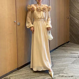 2025 Spring New Fashion Temperament Shoulder Three-Dimensional Flowers Splicing Design Lantern Sleeve Long Dress