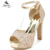 SGESVIER Summer Thick Heels Women Sandals Ankle Strap Buckle Shoes Woman PeepToe Platform Wedding Party Shoes Size 31-43