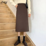 Women Simple Casual Empire Lady Fashion Korean Style Streetwear Split Midi Bottom Students Spring Female Popular Chic