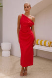 Zingj Spring And Summer New Solid Color Inclined Shoulder Open Shoulder Sexy Medium Long Dress