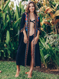 Black Embroidered Mid-Calf Length Long Kimono Cardigan Plus Size Beachwear Sarongs Plage Women Tops Blouse Shirts