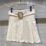 2022 Spring Summer New Arrival High Waist Rhinestone Buckle Belt Short Mini Pleated Skirt Women