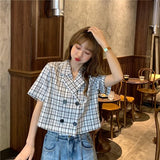 Shirts Women Plaid Crop Top Vintage Korean Style Sweet Notched Ins Fashion Slender Leisure Chic All-match Summer