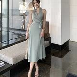 Women New Summer Sexy Wrap Lace Up Midi Dress Party Split Femme Chic One Piece Robe Bodycon Elegant Clothes