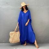 Solid Plus Size Long Kaftan Casual V-neck Robe Summer Batwing Sleeve Woman Clothing Side Split Beachwear Maxi Dress
