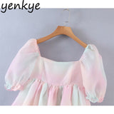 Sweet Women Multicolor Tie Dye Princess Party Dresses Sexy Square Neck Puff Sleeve Organza Dress Summer Short
