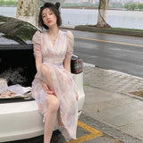 V-neck Print Dress French Style Women Elegent Party Pink Midi Dress Female Fashion A Line Holiday Korean Clothes