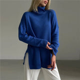 2022 Blue Turtleneck Loose Knitted Sweater Top Women Long Sleeve Jumper Autumn Winter Basic Oversized Casual