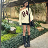 Number Printed One Shoulder Loose Sweatshirt- Outfit