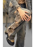 Y2K Streetwear Harajuku Butterfly Decoration Denim Pants Women's High Waist Embroidery Loose Straight Hole Ripped