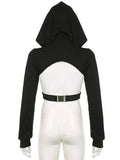 Women Hoodies Cropped Top Y2K Gothic Solid Long Sleeve Criss-Cross Tie-up Hollow Out Exposed Navel Grunge