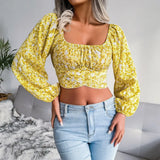 Women T-Shirt Print Color Lantern Sleeve Sexy Beach Style On Holiday Crop Top Chiffon Butterfly OL Female Blouse