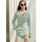 Minimalism Spring Suit Office Lady Blazer Set Women Lace Vneck Tanks High Waist Women Pants Female Shorts Outfits