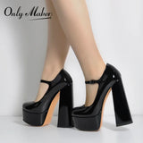 Onlymaker Women Pumps Mary-Jane Platform Black Pink Chunky 16CM High Heels Ankle Strap Dress Party Hoof Heel Plus Size
