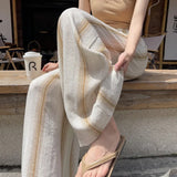 Silk Cotton Striped Broad Leg Pants Women Summer Thin Silk Linen Suit Pants Loose Straight Tug