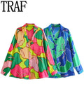 2023 Print Satin Shirt Woman Blue Button Up Shirt Women Vintage Long Sleeve Shirts And Blouses Women Casual Loose