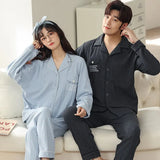 Cotton Couple Pajamas Set Homesuit Autumn Winter Simple Solid Lapel Long Sleeve Men And Women Nightwear Lovers